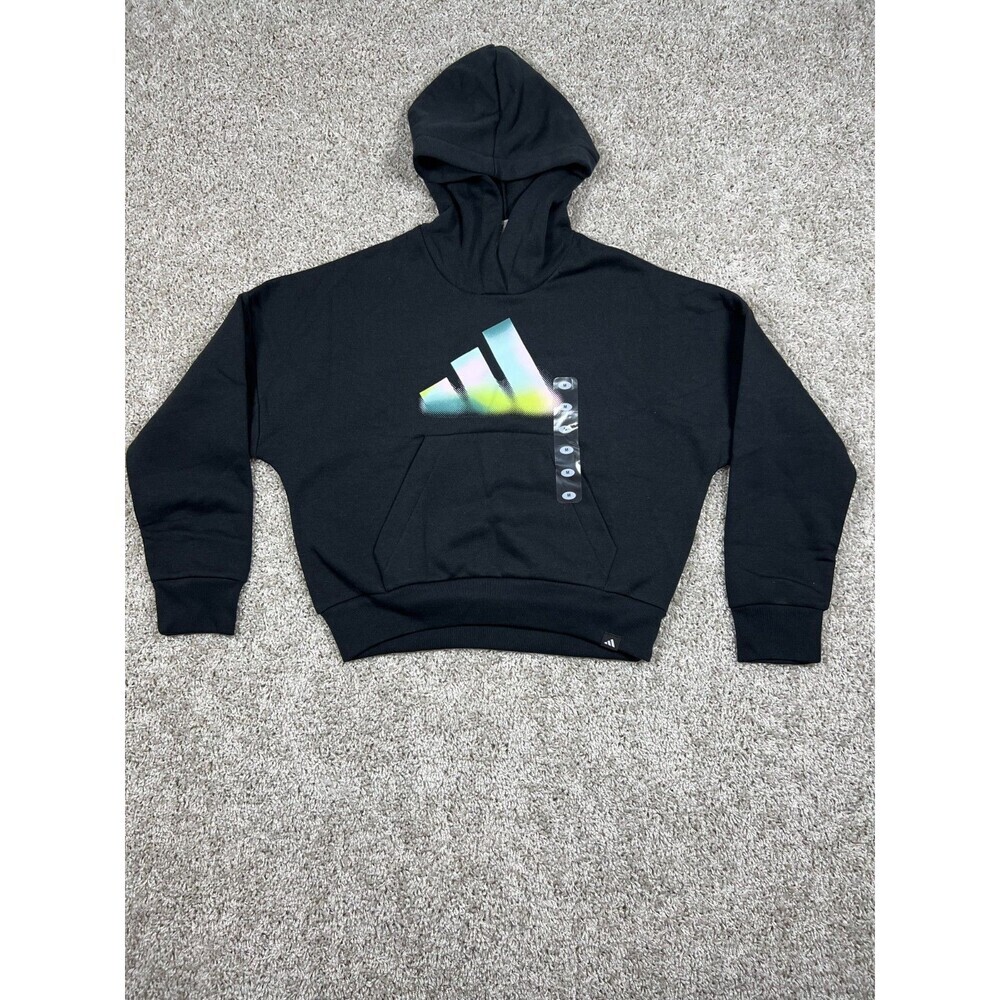 Adidas Girls Hoodie Black Gradient Logo Pullover Sweatshirt Youth M 10/12 NWT